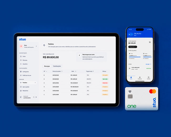 App Stuo One, cartão pré-pago corporativo e recorte do painel de gestão.