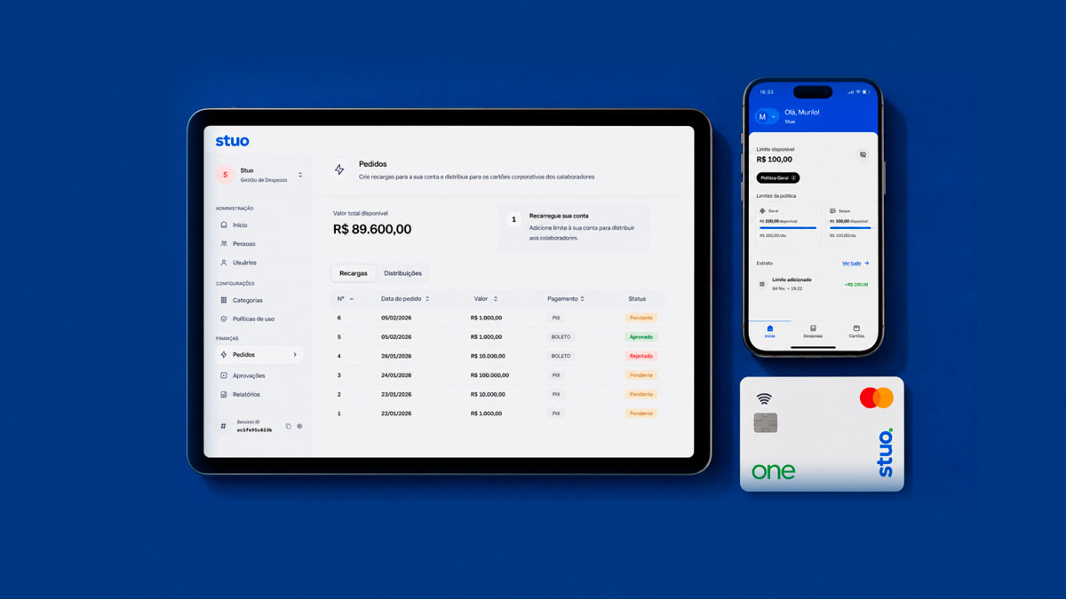 Painel Stuo com dashboard, app mobile e cartão corporativo pré-pago.