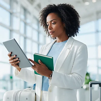 Executiva de blazer branco consultando um tablet no saguão do aeroporto