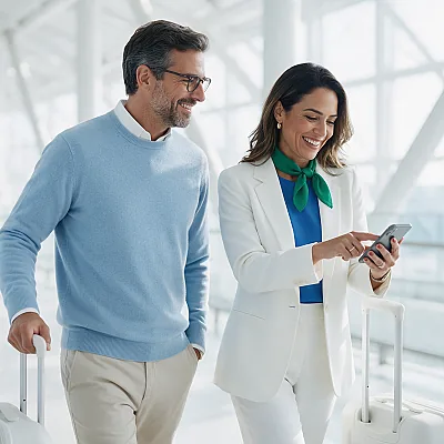 Dois executivos caminhando pelo aeroporto com malas de bordo, conversando e sorrindo