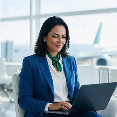 Executiva de blazer azul trabalhando no notebook em um lounge de aeroporto
