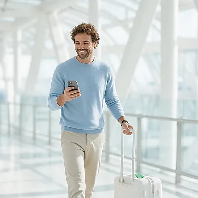 Executivo de suéter azul caminhando pelo aeroporto com mala de bordo e celular na mão